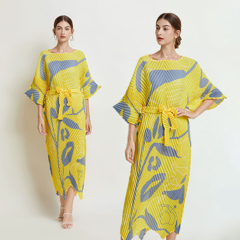 PF18380#三宅褶皱夏季新品印花收腰连衣裙手工褶皱气质遮肉长裙女裝貨源服裝批發