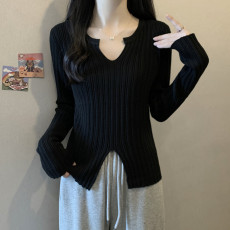 批发实拍胖mm<b class='q'>秋装</b><b class='q'>大码</b><b class='q'>女装</b>新款纯色显瘦设计感针织衫韩版套头长袖上衣