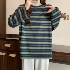 批发实拍条纹长袖t恤女春秋薄款新款韩版潮圆领上衣<b class='q'>大码</b>女装200斤