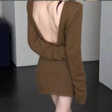 批发辣妹长袖<b class='q'>连衣</b>裙女2025秋季内搭打底包臀裙露背修身显瘦百搭短裙子