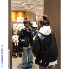 批发原版做法黑色pu皮衣外套女秋宽松美式复古皮夹克小个子短款上衣