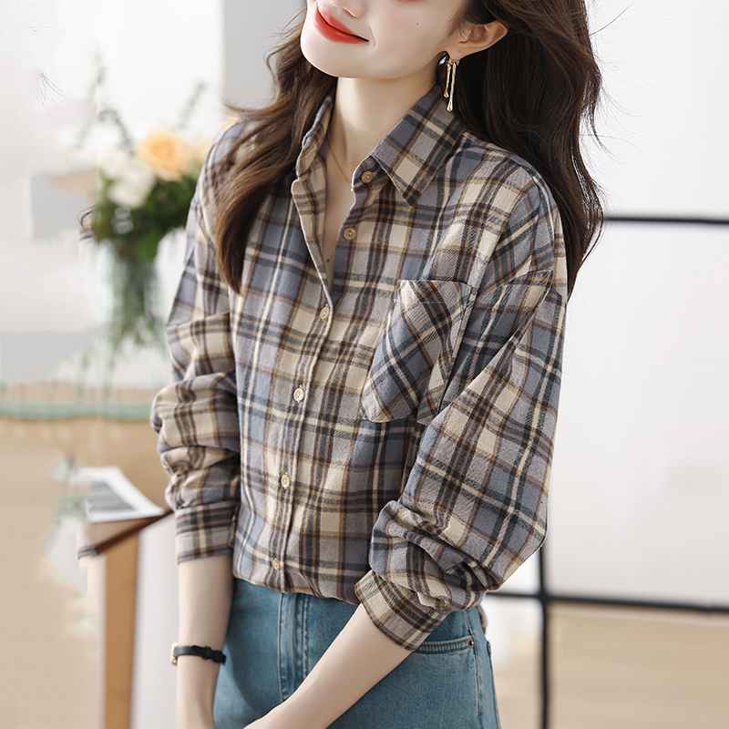 PF18362#格子衬衫女长袖衬衣外套上衣女女裝貨源服裝批發