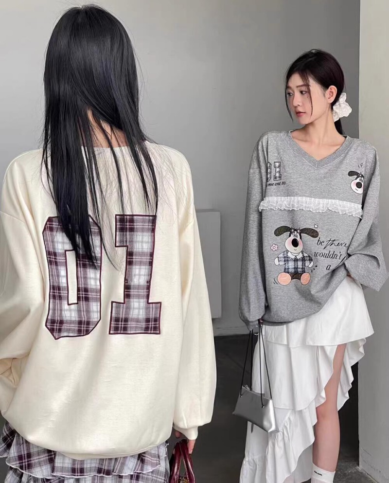 PF18893#韩国东大门秋季新款卡通印花背后数字刺绣宽松大版卫衣女套头上衣女裝貨源服裝批發