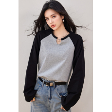 批发实2026春款复古撞色插肩袖T恤女宽松<b class='q'>休闲</b>U领上袖上衣