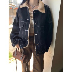 批发羊羔毛黑色牛仔外套女秋冬季复古港风小个子加绒加厚工装夹克上衣