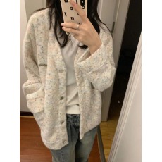 批发韩版慵懒风设计彩色点纱V领针织<b class='q'>开衫</b>女秋冬百<b class='q'>搭</b>宽松<b class='q'>长袖</b>毛衣外套
