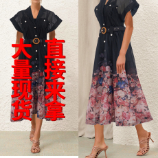 批发大量新款夏季澳洲潮牌翻领短袖印花单排扣长款<b class='q'>连衣裙</b>吊带配腰