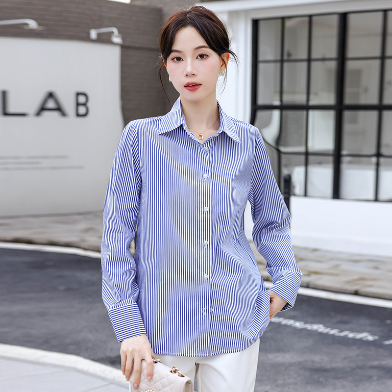 PF19161#时髦精B入 蓝色衬衫女蓝白竖条纹衬衣正肩高级穿搭通勤女装女裝貨源服裝批發