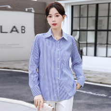 批发实拍时髦精B入 蓝色衬衫女蓝白竖条纹衬衣正肩高级穿搭通勤女装