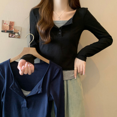 批发实拍1*1螺纹210克打底衫女2026<b class='q'>春秋</b>新款薄款短款V领假两件长袖t恤