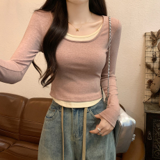 批发实拍290克双面羊绒长袖t恤女2026<b class='q'>春秋</b>新款薄假两件打底衫圆领上衣