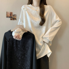 批发实拍 大码女装胖MM 新中式国风盘扣拼接宽松中长款长袖<b class='q'>T</b><b class='q'>恤</b>