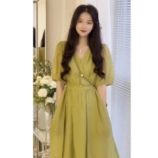 批发<b class='q'>清仓</b>价#法式V领泡泡袖雪纺长裙夏季新款高腰显瘦过膝褶皱<b class='q'>连衣裙</b>