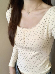 Threaded 1*1 with chest pad French style lace square collar floral long-sleeved T-shirt for women autumn and winter new style