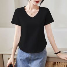 批发t恤女短袖v领小衫纯棉<b class='q'>上衣</b>服中青年30女装40岁妈妈装夏天体恤弧形
