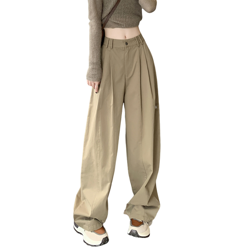Autunno Alto Cotone Antirughe Lavato Acqua Casual Lavoro per Donne, Vita Alta Dritto Tubolare Vecchio Stile Soldi Gamba Larga_voghion.com