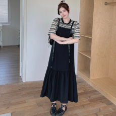 批发实拍 2026夏新款/<b class='q'>提花</b>镂空大码假两件黑色裙子长款拼接<b class='q'>连衣裙</b>