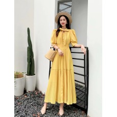 批发<b class='q'>赵</b><b class='q'>丽</b><b class='q'>颖</b><b class='q'>同款</b>夏季纯色法式收腰雪纺连衣裙泡泡袖百褶长裙