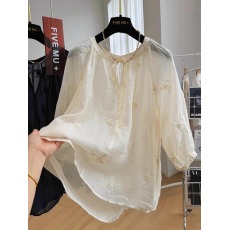 批发棉麻别致刺绣漂亮小衫女夏季气质宽松七分袖衬衫轻奢上衣薄