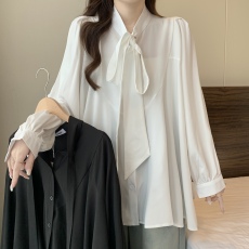 批发实拍~ 大码胖MM<b class='q'>秋</b>季新款法式设计A版宽松系带金丝绉雪纺长袖上衣