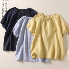 批发棉麻<b class='q'>衬衫</b>短袖休闲百搭夏季纯色<b class='q'>韩版</b>复古简约