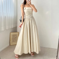 批发chic 韩国夏季法式<b class='q'>气质</b>开衩方领皱褶收腰小众背心吊带裙A字<b class='q'>连衣裙</b>