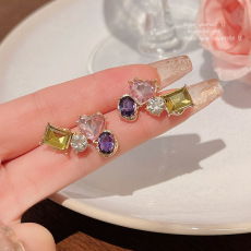 批发S925银针甜美粉色锆石耳钉女轻奢小众简约气质高级感耳环耳饰