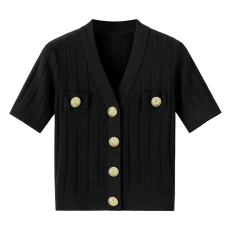 批发高级纯色曲珠冰丝显瘦v领小香风镂空针织衫夏季薄款按扣开衫通勤