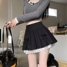 批发创峰天猫品质设计感<b class='q'>百褶</b>裙新款灰色蕾丝花边拼接小众辣妹a字<b class='q'>短裙</b>