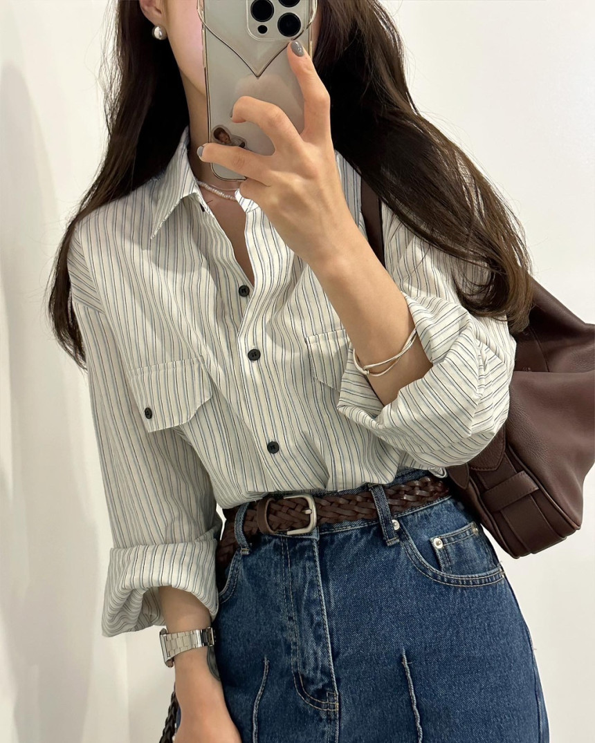 사이즈 기타 재고 있음 한국 chic 이른 가을 싱글 줄 버튼 주머니 루즈핏 긴팔 여성 셔츠 스트라이프 셔츠