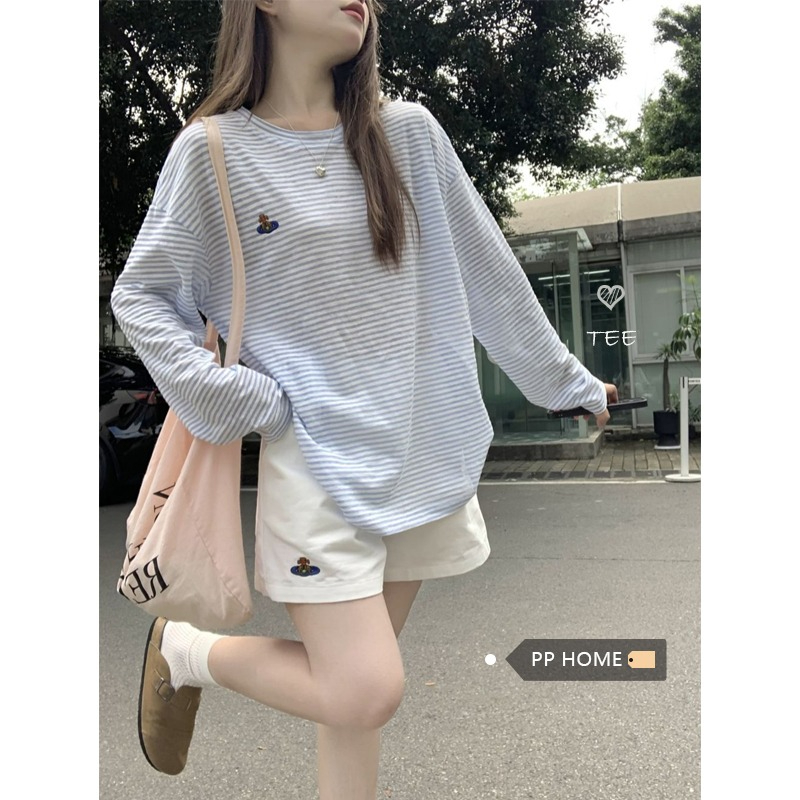 PF18725# 原版面料 经典百搭条纹长袖T恤女夏季薄款防晒罩衫宽松上衣女裝貨源服裝批發