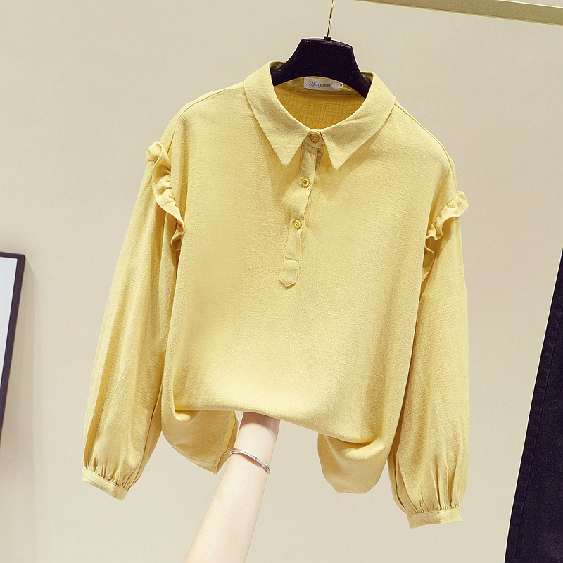 PF18784#新款长袖雪纺衬衫女翻领娃娃衫白色洋气衬衣荷叶边上衣女裝貨源服裝批發