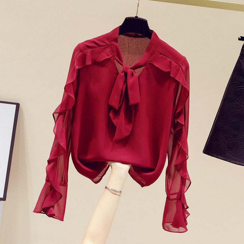 PF18781#新款雪纺衫长袖韩版时尚荷叶边显瘦蝴蝶结衬衫女女裝貨源服裝批發