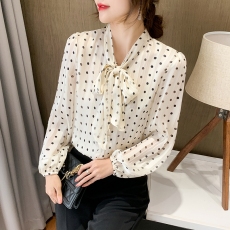 批发2026春装新款复古波点蝴蝶结系带衬衣女洋气小衫<b class='q'>长袖</b>宽松雪纺上衣