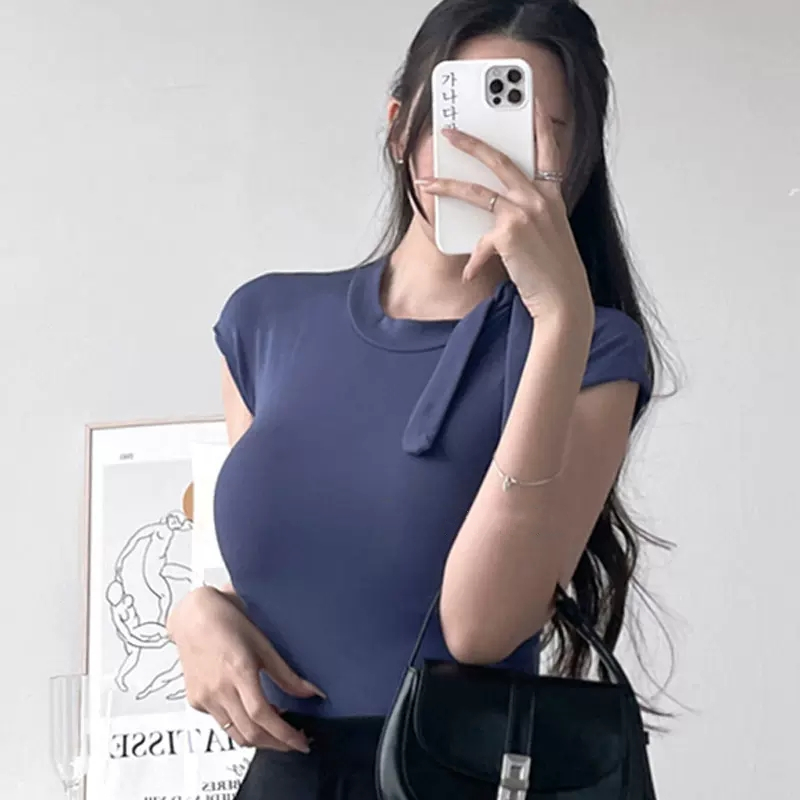 한국 여름 가을 새로운 기질 뜨거운 소녀 바람 슬림 피트 얇은 섹션 마이크로 ~을 통해 디스플레이 몸 깃발 디자인 센스 짧은 소매 티셔츠 여자