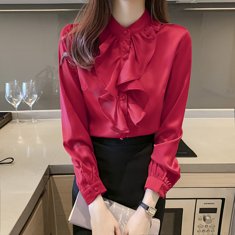 2026 년 봄 새로운 새틴 쉬폰 여성 셔츠 디자인 센스 작은 대중 비즈니스웨어 꽃잎 칼라 맨위