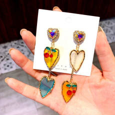 批发银针东大门波纹边亮片白心粉蓝撞色亚克力半透心樱桃坠耳钉