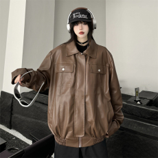 批发实拍美式复古棕色皮衣pu外套男女春秋新款宽松翻领拉链夹克上衣潮
