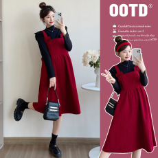 批发实拍新款孕妇秋<b class='q'>冬</b>宽松打底+吊带前后两穿蝴蝶结两件套连衣裙