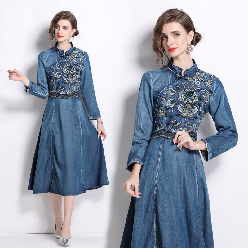PF18940#新款中国风手工盘扣复古刺绣改良旗袍牛仔连衣裙女裝貨源服裝批發