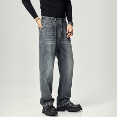 批发实拍秋季新款阔腿牛仔裤男士宽松直筒高街美式潮牌复古男裤