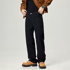 批发实拍2024潮牌装饰链垂感阔腿高街牛仔裤男宽松直筒纯色百搭牛仔裤