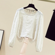 批发2026春秋季新款韩版百搭圆领<b class='q'>泡泡袖</b>长袖衬衫女上衣打底衫钩花镂空