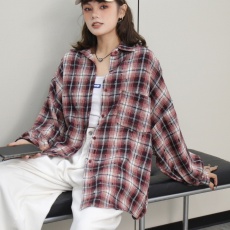 批发实拍韩版oversize春秋廓形拉毛破洞设计感格子<b class='q'>衬衫</b>宽松外套女<b class='q'>衬衣</b>