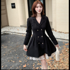 批发学院风甜酷蝴蝶结长袖连衣裙女冬2024新款收腰显瘦<b class='q'>蕾丝</b>拼接<b class='q'>西装</b>裙