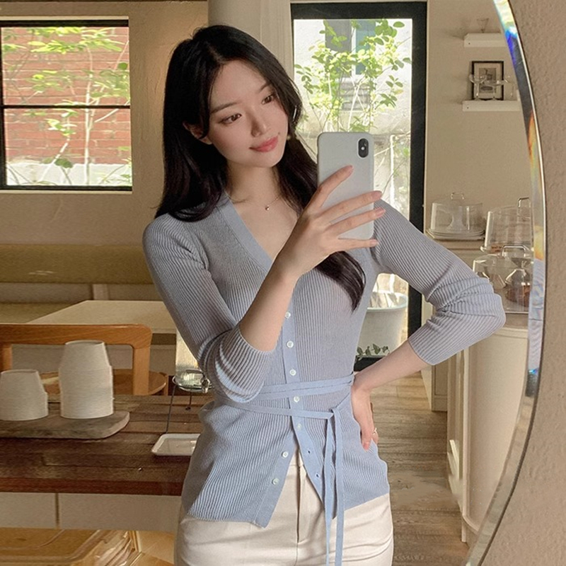 한국 동대문 가을과 겨울 새로운 V 칼라 단색 허리 레이스 얇은 섹션 긴 소매 니트웨어 와일드 작은 열림 셔츠 티셔츠