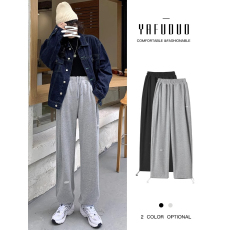 批发<b class='q'>韩国</b>外贸灰色运动裤女束脚新款休闲高腰直筒阔腿裤加绒小个子卫裤