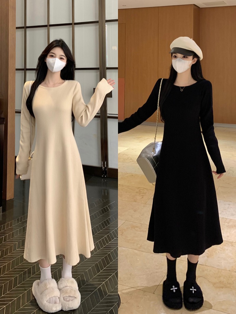 있음 선적 실사 가을 겨울 통통한 여동생 라운드 넥 허리 수축 버전 슬림해 보이는 표지 고기 경기 재킷 니트 드레스