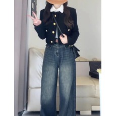 批发韩系小香风长袖黑色短款外套小个子气质收腰显瘦设计感名媛上衣女