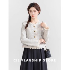 批发<b class='q'>蕾丝</b>拼接复古小香风米色外套法式气质修身设计感开衫独特短上衣女